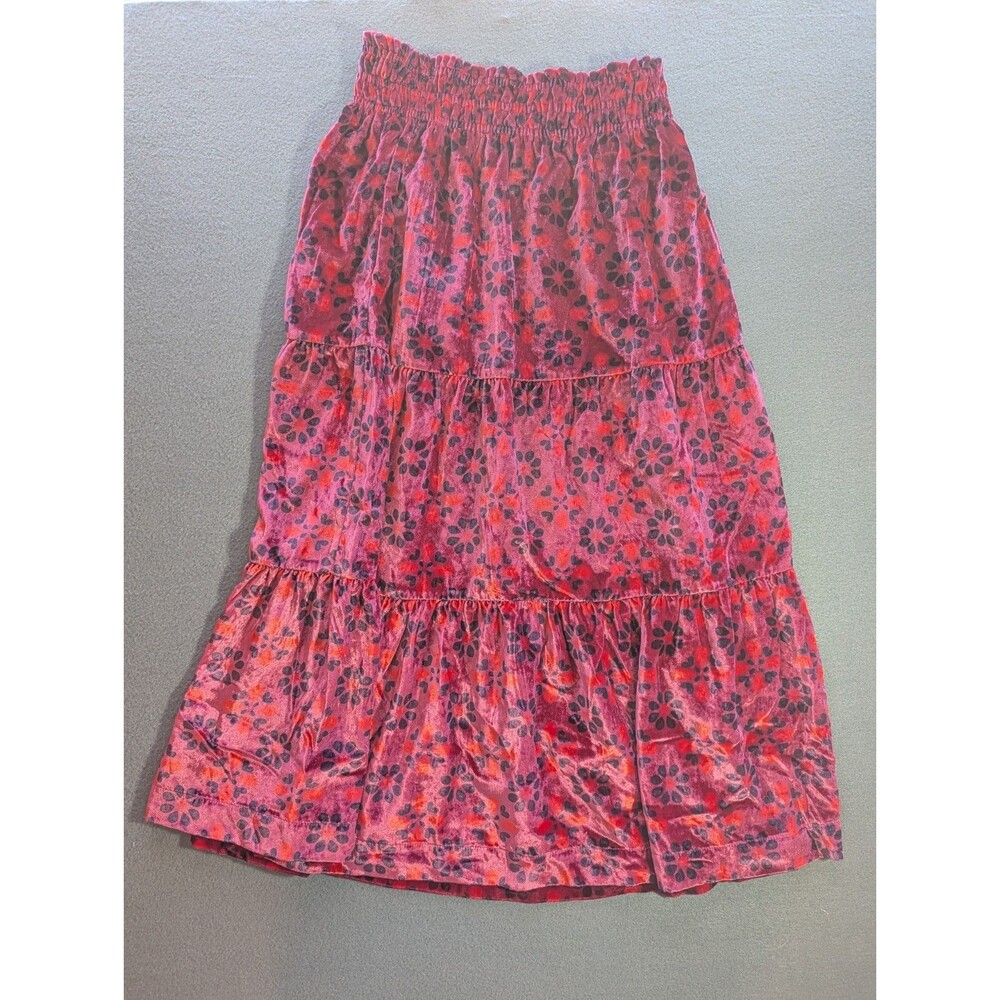 Anthropologie Womens Small Pink Floral Velvet Tiered Maxi Skirt Smocked Waist